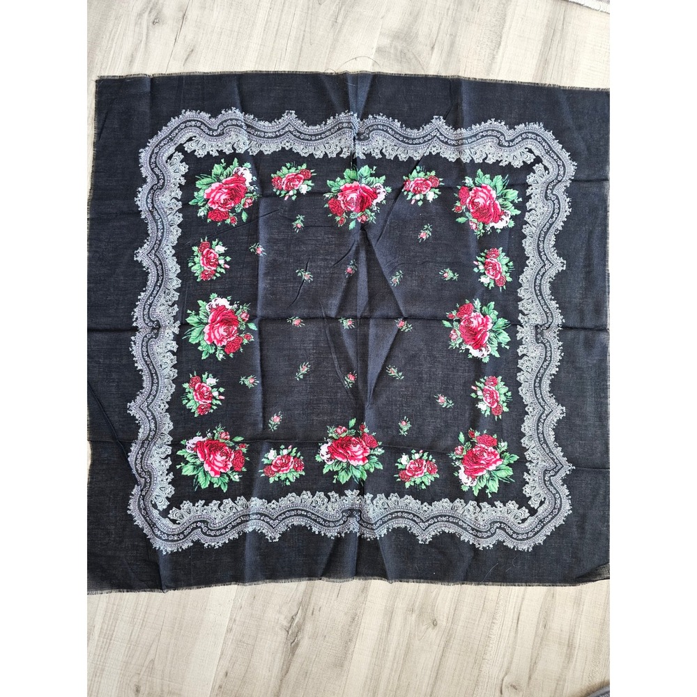 Vintage Black Floral Rose Square Scarf Lace Print Fringe Border 31x31